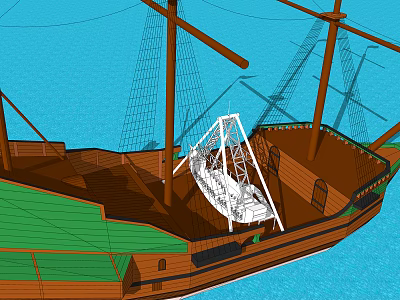 Ocean Themed Ship Shaped Playground Equipment With Wooden Masts Rigging And Green Deck 3d model