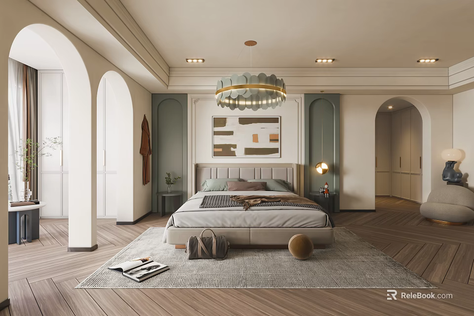 Elegant Modern Bedroom Interior With Arched Doors Chandelier Rug Wooden Floors Nightstands And Decorative Paintings 3d model 