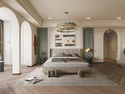 Elegant Modern Bedroom Interior With Arched Doors Chandelier Rug Wooden Floors Nightstands And Decorative Paintings 3d model