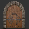 Arched Wooden Gate With Stone Frame And Intricate Metal Decorations