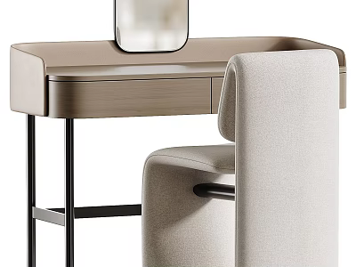 Modern Dressing Table With Round Mirror And Upholstered Chair Light Brown Metal Legs 3d model