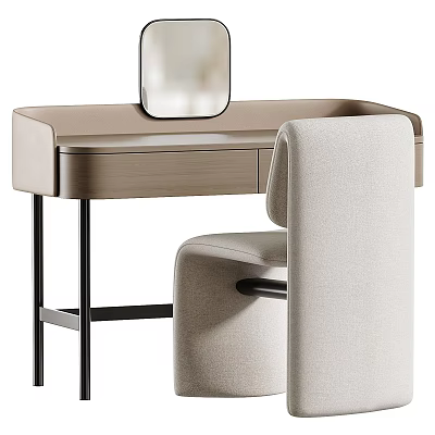 Modern Dressing Table With Round Mirror And Upholstered Chair Light Brown Metal Legs 3d model