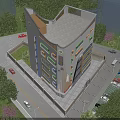 Modern School Building With Contemporary Architectural Design Colorful Facade Surrounding Trees Parking Lot And Roads