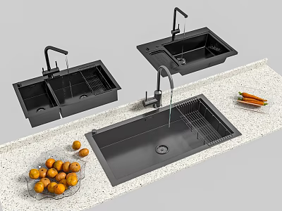 Black Modern Quartz Kitchen Sinks Sleek Design On Kitchen Countertop With Fresh Produce 3d model