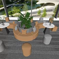 Modern Circular Sofa Coffee Table Set With Beige Gray Upholstery Green Plant And Small Stools