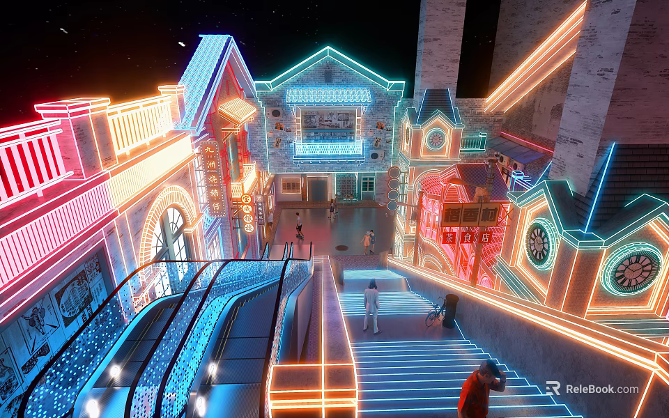 Vibrant Neon Lit Urban Building Area With Escalator Stairs And People Walking 3d model 