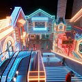 Vibrant Neon Lit Urban Building Area With Escalator Stairs And People Walking