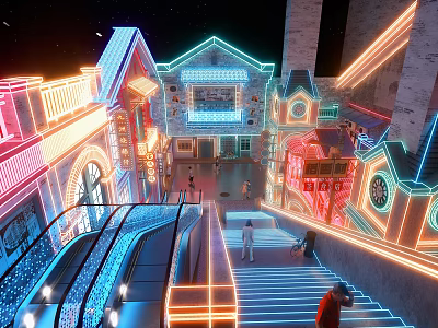 Vibrant Neon Lit Urban Building Area With Escalator Stairs And People Walking 3d model