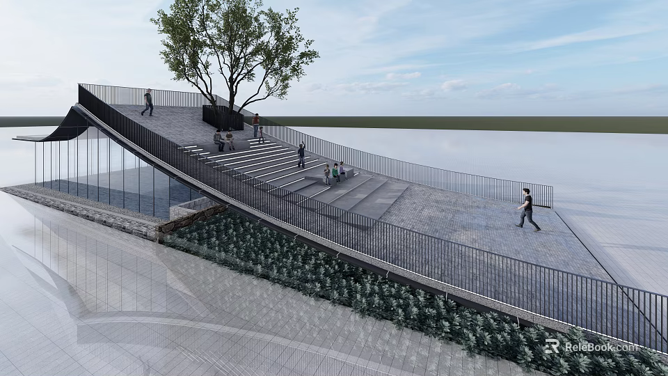 Modern Garden Landscape Design With Curved Stairs Large Tree Green Plants And People Walking 3d model 