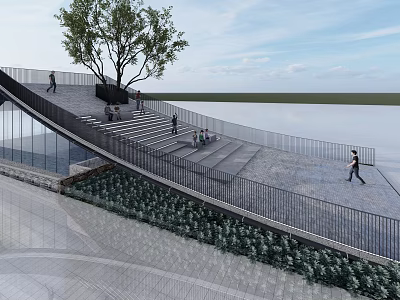 Modern Garden Landscape Design With Curved Stairs Large Tree Green Plants And People Walking 3d model
