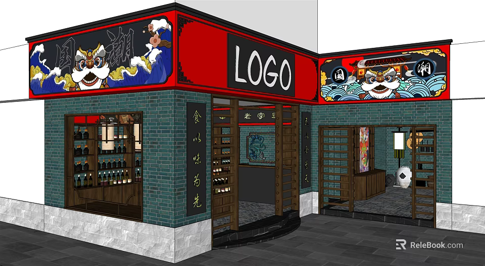Traditional Style Store with Red Blue Exterior Cartoon Characters and Wine Racks 3d model 