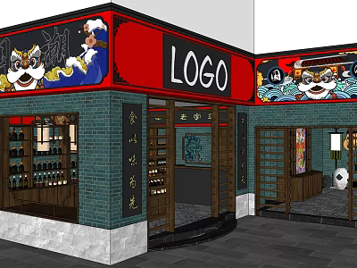 Traditional Style Store with Red Blue Exterior Cartoon Characters and Wine Racks 3d model