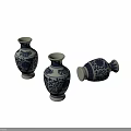 Three Ceramic Vases with Blue and White Floral Patterns One Tilted Isolated on White Background
