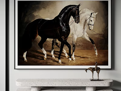 Elegant Framed Animal Painting With Two Black And White Horses Walking Artwork 3d model