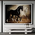 Elegant Framed Animal Painting With Two Black And White Horses Walking Artwork