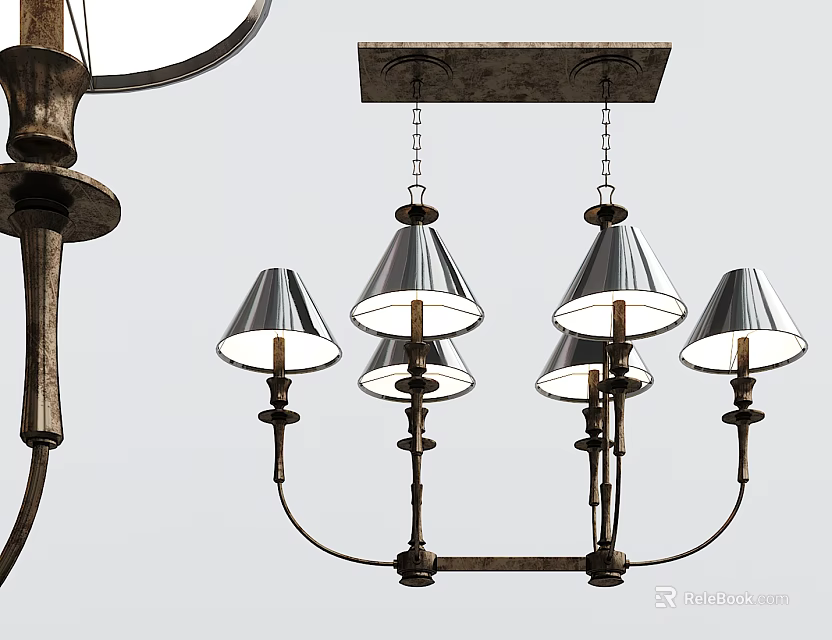 Stylish Vintage Industrial Chandelier With Five Conical Lampshades And Metal Frame 3d model 