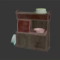 Rustic Wooden Washbasin Cabinet With Red Panel And White Basin Storage Design