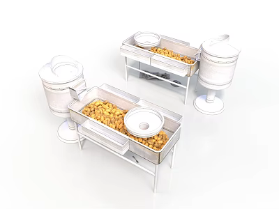 Stainless Steel Buffet Warming Trays with Food Items and White Lids 3d model