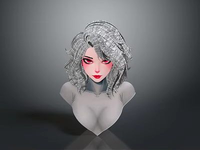 3D Child Female Head Model with Silver Gray Curly Hair Red Eyes and Red Lips on Gray Background 3d model