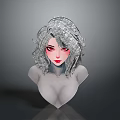 3D Child Female Head Model with Silver Gray Curly Hair Red Eyes and Red Lips on Gray Background
