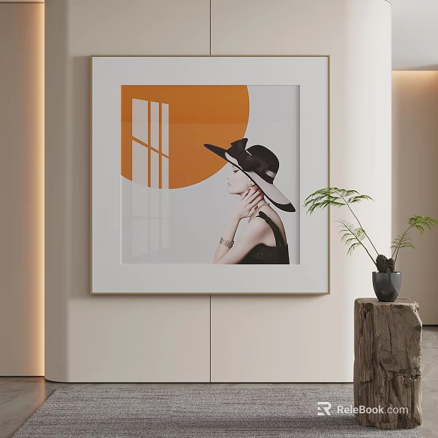 Portrait Painting of Woman in Wide Brim Hat With Orange Circle Window Modern Interior Decor 3d model 