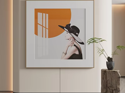 Portrait Painting of Woman in Wide Brim Hat With Orange Circle Window Modern Interior Decor 3d model
