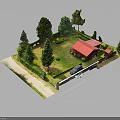 Detailed 3D Garden Model Featuring Red Roof House Car Trees Lawn And Fence