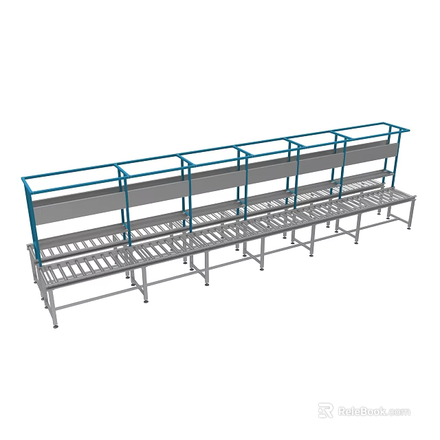 Industrial Conveyor Equipment With Metal Frame Blue Guardrails And Roller Structure 3d model 