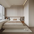 Modern Bedroom with Light-colored Vertical Striped Walls and Sleek Large Bed Design