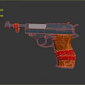 Vintage Pistol With Orange Grip Red Straps And Metal Body On Dark Background