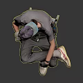 Man sitting on ladder wearing gray t-shirt pants hat and gloves holding tools