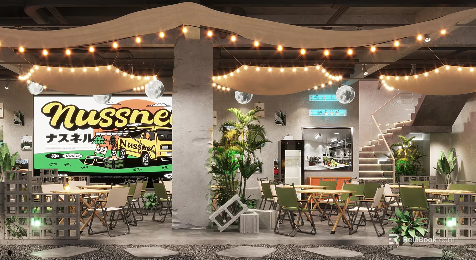 Vintage Style Family Friendly Restaurant Interior With String Lights Green Bus And Plants 3d model 