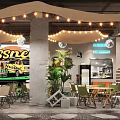 Vintage Style Family Friendly Restaurant Interior With String Lights Green Bus And Plants
