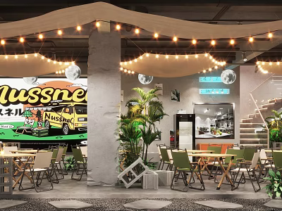 Vintage Style Family Friendly Restaurant Interior With String Lights Green Bus And Plants 3d model