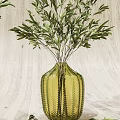 Yellow Textured Glass Vases With Fresh Green Olive Branches On Light Wooden Background