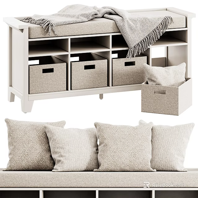 Modern White Storage Cabinet with Multiple Fabric Baskets and Soft Linen Pillows 3d model 