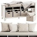 Modern White Storage Cabinet with Multiple Fabric Baskets and Soft Linen Pillows