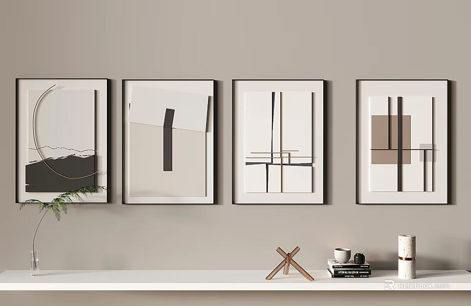 Abstract Art Prints Hanging On Beige Wall With Shelf Decor 3d model