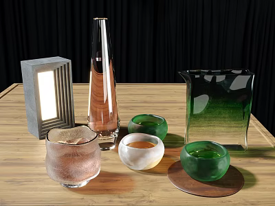 Refreshing Pink Beverage in Glass Bottles and Cups on Wooden Table with Green Glassware 3d model