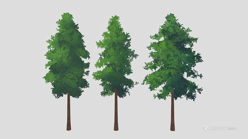 Three Tall Green Trees Standing With Brown Trunks And Lush Foliage 3d model 