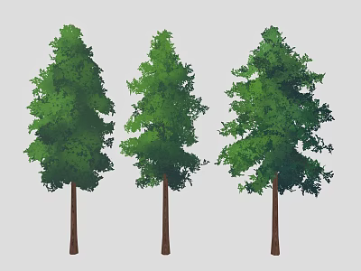 Three Tall Green Trees Standing With Brown Trunks And Lush Foliage 3d model