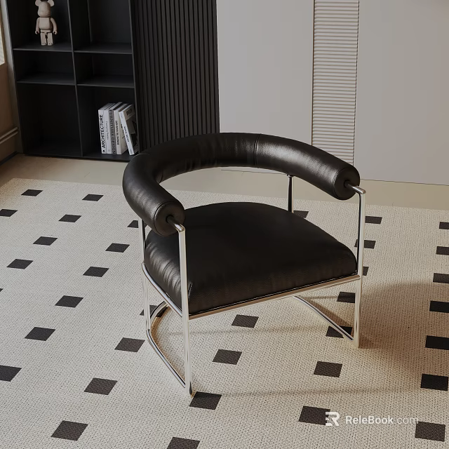 Modern Black Leather Leisure Chair With Metal Frame And Geometric Pattern Rug 3d model 