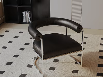 Modern Black Leather Leisure Chair With Metal Frame And Geometric Pattern Rug 3d model