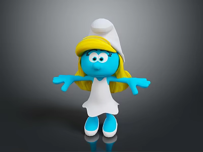 Smurfette Animated Character With Blue Skin Yellow Hair White Dress And Outstretched Arms 3d model