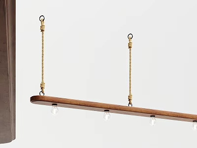 Sleek Wooden Beam Chandelier With Brass Hanging Chains And Four Clear Bulbs 3d model