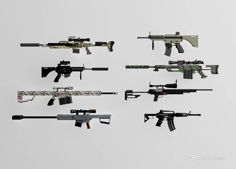 Various Firearms Types with Different Designs Colors and Functional Features 3d model 