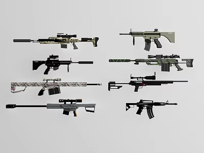 Various Firearms Types with Different Designs Colors and Functional Features 3d model