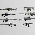 Various Firearms Types with Different Designs Colors and Functional Features