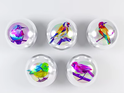Five Vibrant Inflatable Transparent Spheres With Colorful Bird Patterns On White Background 3d model