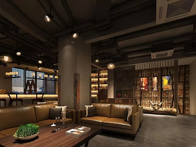 Modern Café Interior Design With Leather Sofas Wooden Tables And Hanging Lights 3d model